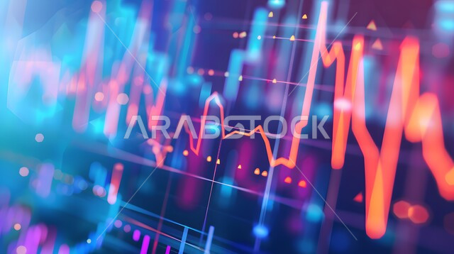 تحليل البيانات المالية والمصرفية، مراقبة الرسوم والمخططات البيانية، دمج التكنولوجيا المتطورة مع العمل، سوق البورصة العالمي، تداول العملة الرقمية، مفهوم التجارة والاقتصاد، ارتفاع وانخفاض الأسهم، الرسم البياني الشريطي والخطي الموضح للمؤشرات الاقتصادية حول العالم