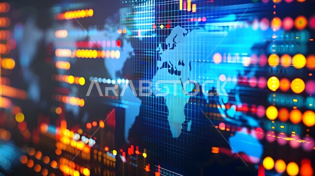 تحليل البيانات المالية والمصرفية، مراقبة الرسوم والمخططات البيانية، دمج التكنولوجيا المتطورة مع العمل، سوق البورصة العالمي، تداول العملة الرقمية، مفهوم التجارة والاقتصاد، ارتفاع وانخفاض الأسهم، الرسم البياني الشريطي والخطي الموضح للمؤشرات الاقتصادية حول العالم