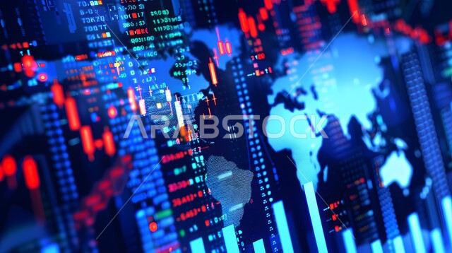 تحليل البيانات المالية والمصرفية، مراقبة الرسوم والمخططات البيانية، دمج التكنولوجيا المتطورة مع العمل، سوق البورصة العالمي، تداول العملة الرقمية، مفهوم التجارة والاقتصاد، ارتفاع وانخفاض الأسهم، الرسم البياني الشريطي والخطي الموضح للمؤشرات الاقتصادية حول العالم