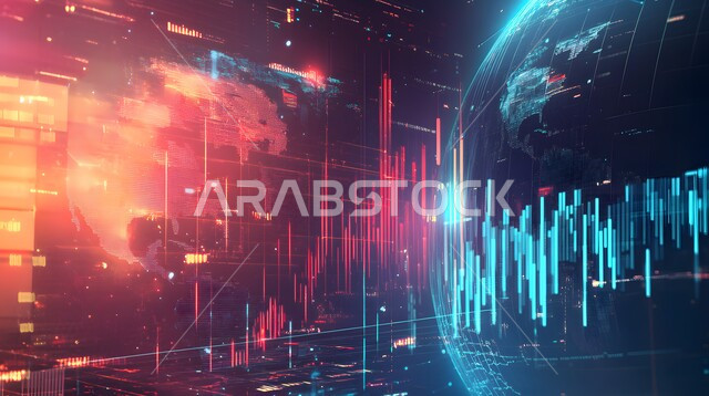 الرسم البياني الشريطي والخطي الموضح للمؤشرات الاقتصادية حول العالم، تحليل البيانات المالية والمصرفية، مراقبة الرسوم والمخططات البيانية، دمج التكنولوجيا المتطورة مع العمل، سوق البورصة العالمي، تداول العملة الرقمية، مفهوم التجارة والاقتصاد، ارتفاع وانخفاض الأسهم 