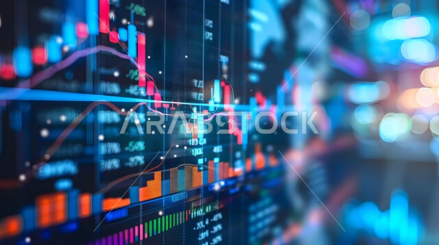 دمج التكنولوجيا المتطورة مع العمل، الرسم البياني الشريطي والخطي الموضح للمؤشرات الاقتصادية حول العالم، تحليل البيانات المالية والمصرفية، مراقبة الرسوم والمخططات البيانية، سوق البورصة العالمي، تداول العملة الرقمية، مفهوم التجارة والاقتصاد، ارتفاع وانخفاض الأسهم 