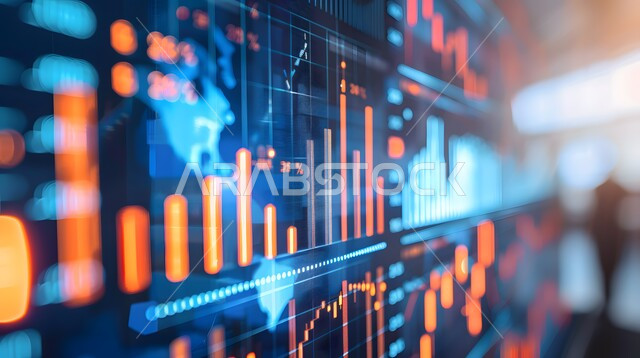 سوق البورصة العالمي، دمج التكنولوجيا المتطورة مع العمل، الرسم البياني الشريطي والخطي الموضح للمؤشرات الاقتصادية حول العالم، تحليل البيانات المالية والمصرفية، مراقبة الرسوم والمخططات البيانية، تداول العملة الرقمية، مفهوم التجارة والاقتصاد، ارتفاع وانخفاض الأسهم 
