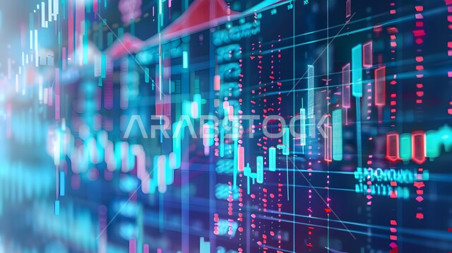 سوق البورصة العالمي، دمج التكنولوجيا المتطورة مع العمل، الرسم البياني الشريطي والخطي الموضح للمؤشرات الاقتصادية حول العالم، تحليل البيانات المالية والمصرفية، مراقبة الرسوم والمخططات البيانية، تداول العملة الرقمية، مفهوم التجارة والاقتصاد، ارتفاع وانخفاض الأسهم 