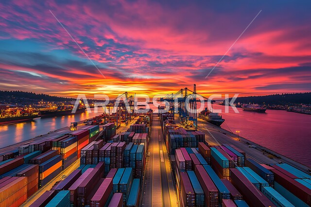 تعبئة وشحن الحاويات والبضائع التجارية وكونتينرات التخزين، مرفأ تجاري لتوصيل السلع والمنتجات المحلية عبر السفن في البحار، التجارة البحرية عبر الموانئ في المملكة العربية السعودية، الصناعة والاقتصاد البحري