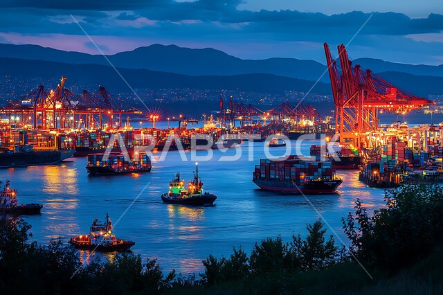 تعبئة وشحن الحاويات والبضائع التجارية وكونتينرات التخزين، مرفأ تجاري لتوصيل السلع والمنتجات المحلية عبر السفن في البحار، التجارة البحرية عبر الموانئ في المملكة العربية السعودية، الصناعة والاقتصاد البحري