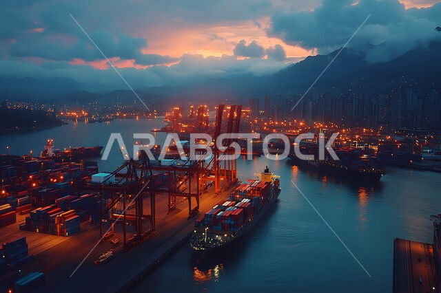 تعبئة وشحن الحاويات والبضائع التجارية وكونتينرات التخزين، مرفأ تجاري لتوصيل السلع والمنتجات المحلية عبر السفن في البحار، التجارة البحرية عبر الموانئ في المملكة العربية السعودية، الصناعة والاقتصاد البحري