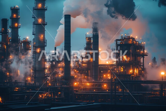 إضاءة الأبراج والهياكل المعدنية ليلاً, النهضة بالاقتصاد الوطني السعودي، مصانع ومعامل النفط في المملكة العربية السعودية، مصفاة تكرير النفط والغاز, مفهوم هندسة البترول في دول الخليج, مستودعات وخزانات كبيرة وضخمة, صناعات ومشاريع بتروكيماوية