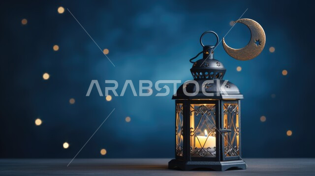 الزينة التقليدية العربية لاستقبال شهر رمضان المبارك،الأنوار في الأجواء الرمضانية الروحانية، الفن الإسلامي للتحف والاكسسوارات والفوانيس المضيئة،صورة مقربة لفانوس معدني مضيئ مزخرف 