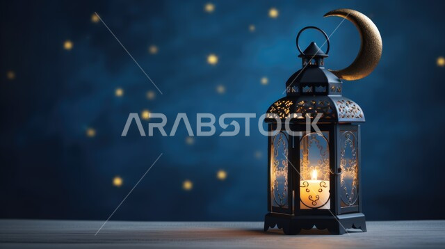 الفن الإسلامي للتحف والاكسسوارات والفوانيس المضيئة، الزينة التقليدية العربية لاستقبال شهر رمضان المبارك، صورة مقربة لفانوس معدني مضيئ مزخرف ، الأنوار في الأجواء الرمضانية الروحانية