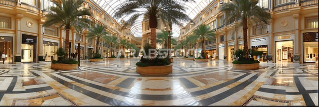 الفن الهندسي المعماري في البناء الحديث والمعاصر للأسواق المحلية, التصاميم والديكورات الداخلية داخل متجر بيع, صورة بانورامية لمراكز تجارية فاخرة في المملكة العربية السعودية, الاهتمام في نباتات الزينة الخضراء