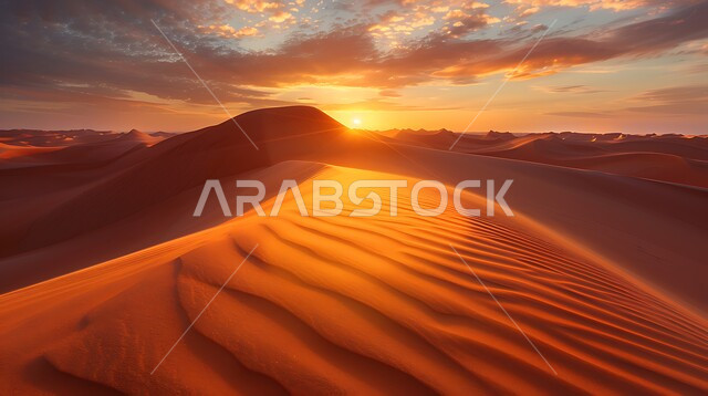 التكوينات والتشكيلات الرملية في صحراء المملكة العربية السعودية, الرمال الذهبية الناعمة في البيئة الصحراوية, التضاريس والمرتفعات والقمم الجبلية في البراري, خلفية الطبيعة وقت غروب الشمس