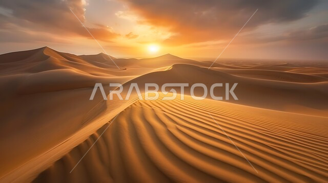 التضاريس والمرتفعات والقمم الجبلية في البراري, التكوينات والتشيكلات الرملية في صحراء المملكة العربية السعودية, الرمال الذهبية الناعمة في البيئة الصحراوية, خلفية الطبيعة وقت غروب الشمس