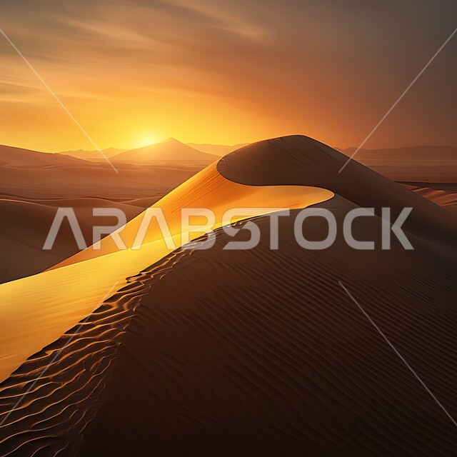 التضاريس والرمال الذهبية الناعمة في البيئة الصحراوية, خلفية الطبيعة وقت غروب الشمس, الكثبان الرملية في المملكة العربية السعودية, الهضاب والتلال في البراري