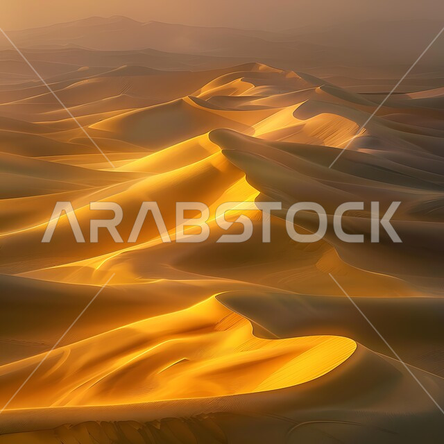 Soft golden sand in desert environment, terrain, heights and mountain peaks in the wilderness, sand formations and formations in the desert of Saudi Arabia, nature background at sunset