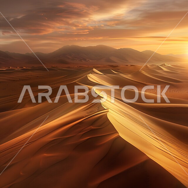 Soft golden sand in desert environment, terrain and mountain peaks in the wilderness, sand formations and formations in Saudi Arabia, hills and plateaus of soft sand, nature background