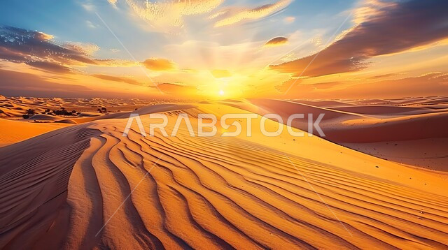 الرمال الذهبية الناعمة في البيئة الصحراوية, التكوينات والتشكيلات الرملية في صحراء المملكة العربية السعودية, الهضاب والتلال في المناطق الصحراوية, خلفية الطبيعة وقت غروب الشمس