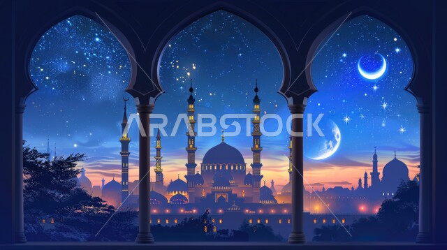 تصاميم متميزة على الطراز الاسلامي للنوافذ المطلة على القبب والمآذن المضيئة، الفن الهندسي المعماري للمساجد،أداء الفرائض والصلوات، منظر السماء مع ضوء القمر في وقت الليل,مفهوم العبادة والتقرب إلى الله،خلفيات دينية رمضانية