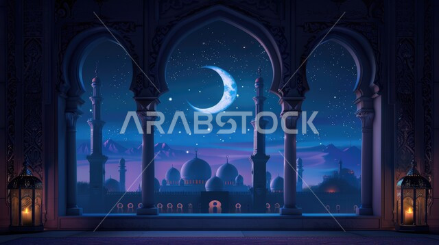 منظر السماء مع ضوء القمر في وقت الليل,مفهوم العبادة والتقرب إلى الله،ديكورات وتحف و اكسسوارات شهر رمضان المبارك, تصاميم متميزة على الطراز الاسلامي للنوافذ المطلة على القبب والمآذن المضيئة، الفن الهندسي المعماري للمساجد،أداء الفرائض والصلوات،خلفيات دينية رمضانية