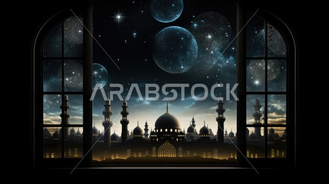 تصاميم متميزة على الطراز الاسلامي للنوافذ المطلة على القبب والمآذن المضيئة، الفن الهندسي المعماري للمساجد، مفهوم العبادة والتقرب إلى الله،أداء الفرائض والصلوات،منظر السماء مع ضوء القمر في وقت الليل, خلفيات دينية رمضانية