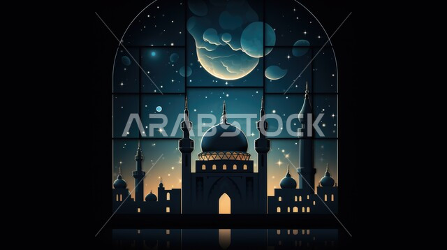 منظر السماء مع ضوء القمر في وقت الليل, تصاميم متميزة على الطراز الاسلامي للنوافذ المطلة على القبب والمآذن المضيئة، الفن الهندسي المعماري للمساجد، مفهوم العبادة والتقرب إلى الله، أداء الفرائض والصلوات، خلفيات دينية رمضانية