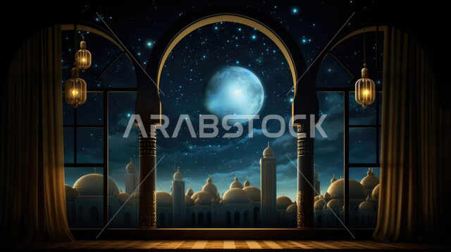 أداء الفرائض والصلوات، منظر السماء مع ضوء القمر في وقت الليل,مفهوم العبادة والتقرب إلى الله، ديكورات وتحف و اكسسوارات شهر رمضان المبارك, تصاميم متميزة على الطراز الاسلامي للنوافذ المطلة على القبب والمآذن المضيئة، الفن الهندسي المعماري للمساجد، خلفيات دينية رمضانية