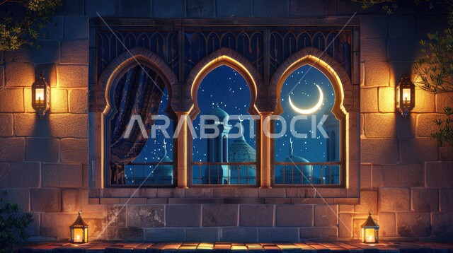 مفهوم العبادة والتقرب إلى الله، ديكورات وتحف و اكسسوارات شهر رمضان المبارك, تصاميم متميزة على الطراز الاسلامي للنوافذ المطلة على القبب والمآذن المضيئة، الفن الهندسي المعماري للمساجد،  أداء الفرائض والصلوات، منظر السماء مع ضوء القمر في وقت الليل, خلفيات دينية رمضانية
