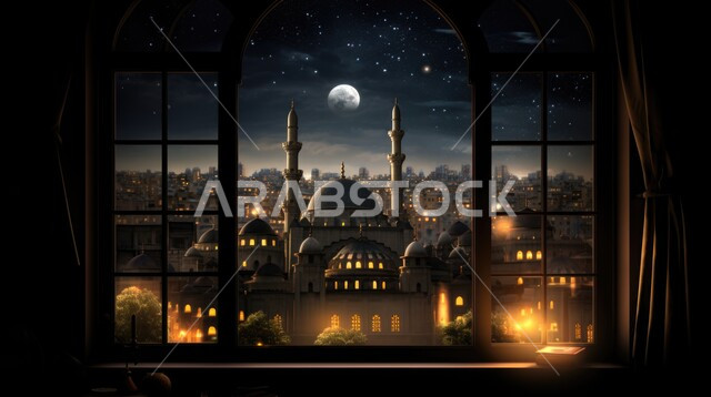الفن الهندسي المعماري للمساجد، مفهوم العبادة والتقرب إلى الله، أداء الفرائض والصلوات، منظر السماء مع ضوء القمر في وقت الليل, تصاميم متميزة على الطراز الاسلامي للنوافذ المطلة على القبب والمآذن المضيئة،خلفيات دينية رمضانية