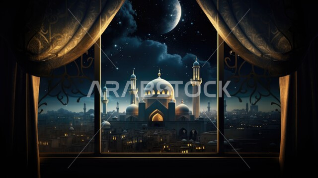 تصاميم متميزة على الطراز الاسلامي للنوافذ المطلة على القبب والمآذن المضيئة، الفن الهندسي المعماري للمساجد، مفهوم العبادة والتقرب إلى الله، أداء الفرائض والصلوات، منظر السماء مع ضوء القمر في وقت الليل, خلفيات دينية رمضانية