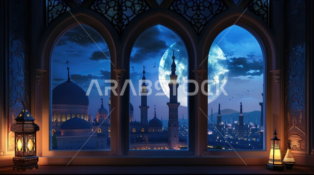 Decorations, antiques and accessories for the holy month of Ramadan, distinctive designs in the Islamic style for windows overlooking the illuminated domes and minarets, the architectural art of mosques, the concept of worship and getting closer to God, performing duties and prayers, the view of the sky with moonlight at night, Ramadan religious wallpapers