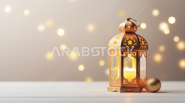 Spiritual atmosphere, Ramadan decorations, celebration of religious occasions and holidays in Saudi Arabia, Arabic lantern decorated with Islamic motifs, joy of the arrival of the month of goodness, blurry background