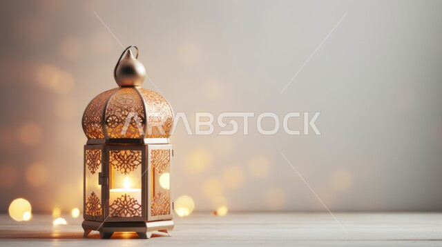 مصباح معدني تقليدي مع شمعة مضيئة, زينة و أنوار شهر رمضان المبارك، تحف و اكسسوارات مميزة للاحتفال بقدوم شهر الخير, الاحتفال بالأعياد الدينية الإسلامية في المملكة العربية السعودية، خلفية ضبابية