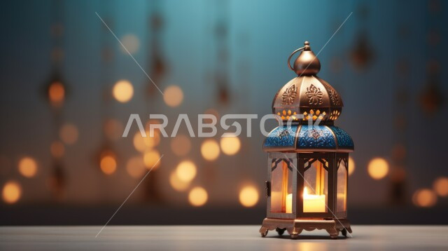 مفهوم الاحتفال بالمناسبات والأعياد الدينية الاسلامية في المملكة العربية السعودية، الفوانيس المعدنية التقليدية المضاءة, ديكورات وزينة شهر رمضان المبارك, البهجة بقدوم شهر الخير، الأجواء الروحانية المتميزة، خلفية ضبابية