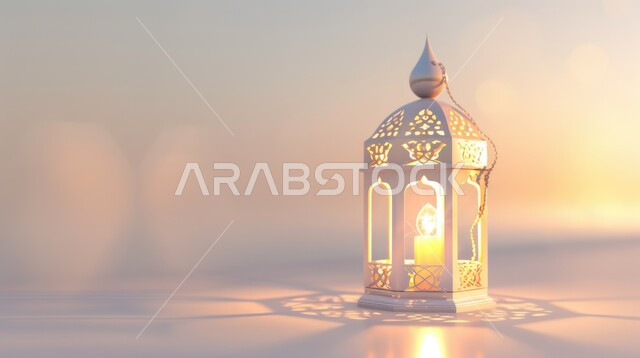 المناسبات والأعياد الدينية الإسلامية في المملكة العربية السعودية، ديكورات الأجواء الرمضانية الروحانية، تحف تقليدية للاحتفال بقدوم شهر الخير, مصباح معدني مع شمعة مضيئة، خلفية بيضاء