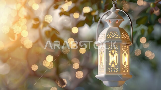 مفهوم الاحتفال بالمناسبات والأعياد الدينية الاسلامية، ديكورات وزينة رمضان المبارك, الفوانيس المعدنية التقليدية المضاءة المعلقة, البهجة بقدوم شهر الخير، الأجواء الروحانية المتميزة، خلفية ضبابية