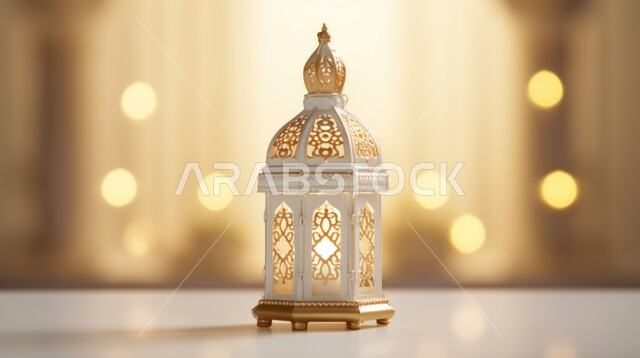 البهجة والسرور بقدوم شهر الخير، الأجواء الروحانية المتميزة في المملكة العربية السعودية، مصباح معدني تقليدي مع شمعة مضيئة، الاحتفال بالمناسبات والأعياد الدينية الاسلامية، خلفية ضبابية
