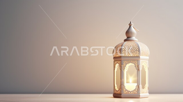 ديكورات الأجواء الرمضانية الروحانية، تحف تقليدية للاحتفال بقدوم شهر الخير, المناسبات والأعياد الدينية الإسلامية في المملكة العربية السعودية، مصباح معدني مع شمعة مضيئة، خلفية بيضاء