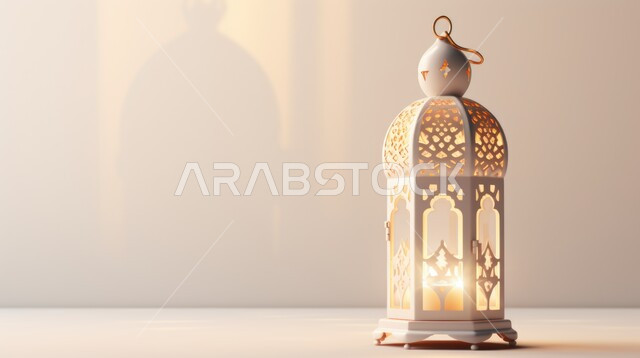 تحف تقليدية للاحتفال بقدوم شهر الخير, ديكورات الأجواء الرمضانية الروحانية، المناسبات والأعياد الدينية الإسلامية في المملكة العربية السعودية، مصباح معدني مع شمعة مضيئة، خلفية بيضاء