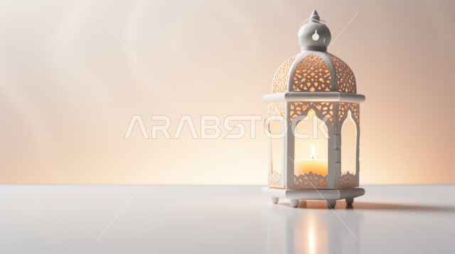 مصباح معدني مع شمعة مضيئة، تحف تقليدية للاحتفال بقدوم شهر الخير, ديكورات الأجواء الرمضانية الروحانية، المناسبات والأعياد الدينية الإسلامية في المملكة العربية السعودية، خلفية بيضاء
