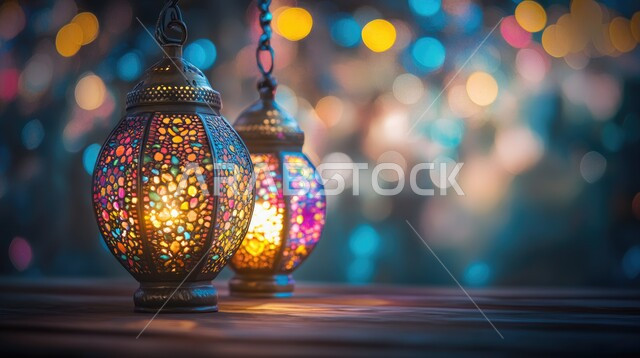 العادات والتقاليد العربية في زينة الأعياد والمناسبات الدينية، تحف وفوانيس وديكورات تقليدية للاحتفال بقدوم شهر رمضان المبارك، أجواء رمضانية وروحانية إسلامية، صورة مقربة لفانوسين عربيين معدنيين مزخرفين وملونين بداخلهما سن مضيء