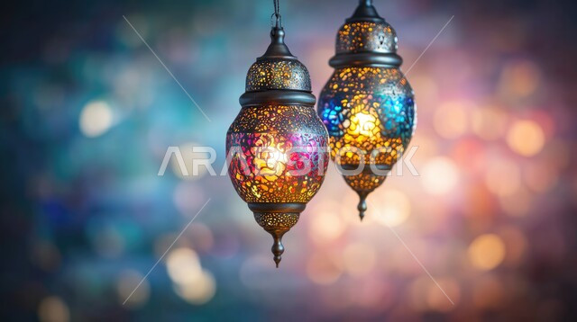 العادات والتقاليد العربية في زينة الأعياد والمناسبات الدينية، تحف وفوانيس وديكورات تقليدية للاحتفال بقدوم شهر رمضان المبارك، أجواء رمضانية وروحانية إسلامية، صورة مقربة لفانوسين عربيين معدنيين مزخرفين وملونين بداخلهما سن مضيء