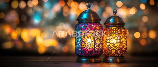 Arab customs and traditions in decorating holidays and religious occasions, antiques, lanterns and traditional decorations to celebrate the coming of the holy month of Ramadan, Ramadan atmosphere and Islamic spirituality, close-up photo of two decorated and colorful metal Arab lanterns with a glowing tooth inside