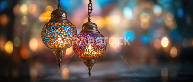 Arab customs and traditions in decorating holidays and religious occasions, antiques, lanterns and traditional decorations to celebrate the coming of the holy month of Ramadan, Ramadan atmosphere and Islamic spirituality, close-up photo of two decorated and colorful metal Arab lanterns with a glowing tooth inside