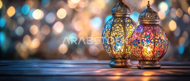 Arab customs and traditions in decorating holidays and religious occasions, antiques, lanterns and traditional decorations to celebrate the coming of the holy month of Ramadan, Ramadan atmosphere and Islamic spirituality, close-up photo of two decorated and colorful metal Arab lanterns with a glowing tooth inside