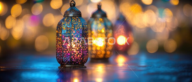 العادات والتقاليد العربية في زينة الأعياد والمناسبات الدينية، تحف وفوانيس وديكورات تقليدية للاحتفال بقدوم شهر رمضان المبارك، أجواء رمضانية وروحانية إسلامية، صورة مقربة لفانوسين عربيين معدنيين مزخرفين وملونين بداخلهما سن مضيء