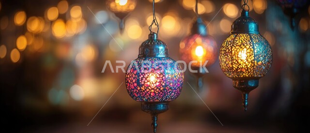 Arab customs and traditions in decorating holidays and religious occasions, antiques, lanterns and traditional decorations to celebrate the coming of the holy month of Ramadan, Ramadan atmosphere and Islamic spirituality, close-up photo of two decorated and colorful metal Arab lanterns with a glowing tooth inside
