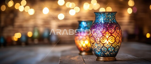 العادات والتقاليد العربية في زينة الأعياد والمناسبات الدينية، تحف وفوانيس وديكورات تقليدية للاحتفال بقدوم شهر رمضان المبارك، أجواء رمضانية وروحانية إسلامية، صورة مقربة لفانوسين عربيين معدنيين مزخرفين وملونين بداخلهما سن مضيء