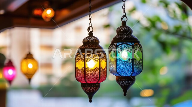 العادات والتقاليد العربية في زينة الأعياد والمناسبات الدينية، تحف وفوانيس وديكورات تقليدية للاحتفال بقدوم شهر رمضان المبارك، أجواء رمضانية وروحانية إسلامية، صورة مقربة لفانوسين عربيين معدنيين مزخرفين وملونين بداخلهما سن مضيء