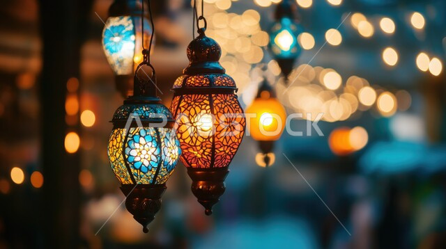 العادات والتقاليد العربية في زينة الأعياد والمناسبات الدينية، تحف وفوانيس وديكورات تقليدية للاحتفال بقدوم شهر رمضان المبارك، أجواء رمضانية وروحانية إسلامية، صورة مقربة لفانوسين عربيين معدنيين مزخرفين وملونين بداخلهما سن مضيء