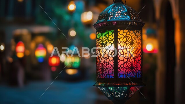 Decorative and colorful metal Arabic lantern with a luminous tooth inside, antiques, lanterns and traditional decorations to celebrate the coming of the holy month of Ramadan, Arab customs and traditions in decorating holidays and religious occasions, Ramadan atmosphere and Islamic spirituality