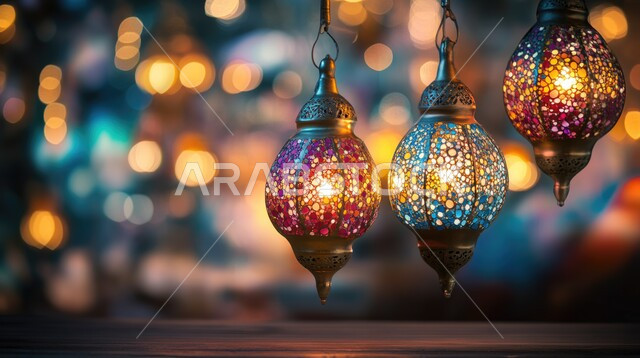 أجواء رمضانية وروحانية إسلامية، العادات والتقاليد العربية في زينة الأعياد والمناسبات الدينية، تحف وفوانيس وديكورات تقليدية للاحتفال بقدوم شهر رمضان المبارك، صورة مقربة لمجموعة من الفوانيس العربية المزخرفة المعدنية والملونة بداخلها سن مضيء